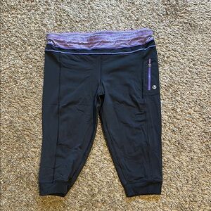 Lululemon Black Capri Leggings with Purple Waistband